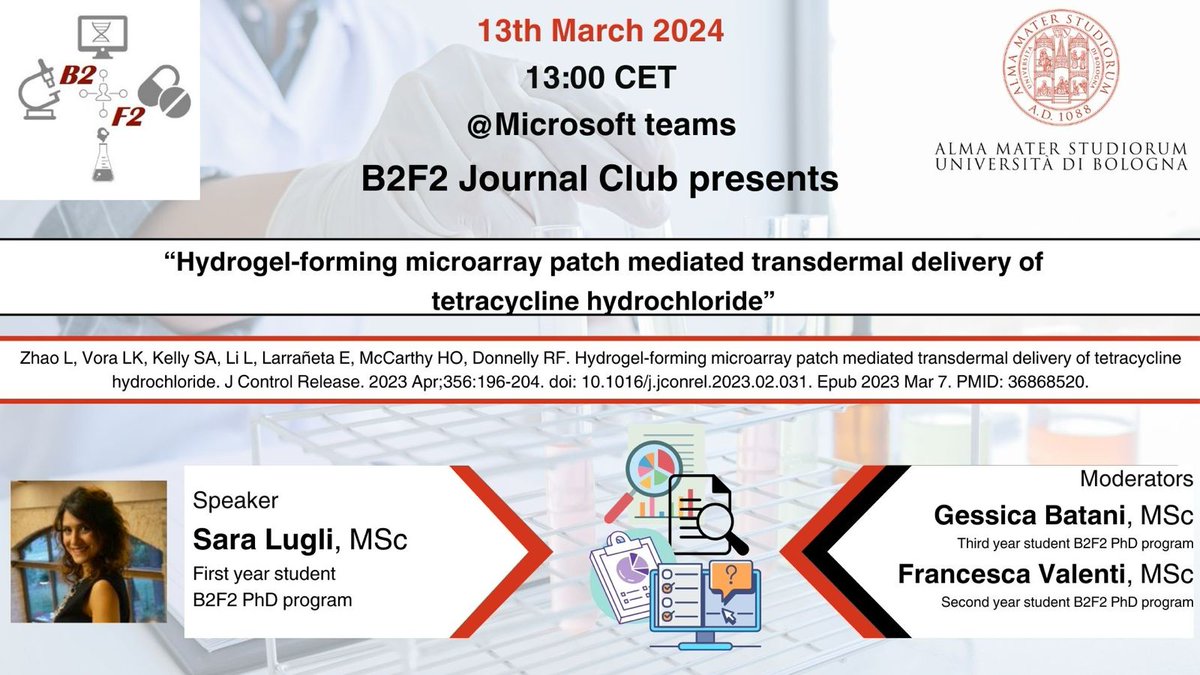 Don't miss this week's #JournalClub2024 session! For our 8th meeting 1st year PhD student Sara Lugli will discuss 'Hydrogel- forming microarray patch mediated transdermal delivery of tetracycline', today at 1 pm on Teams. You can check out the paper here: doi.org/10.1016/j.jcon…