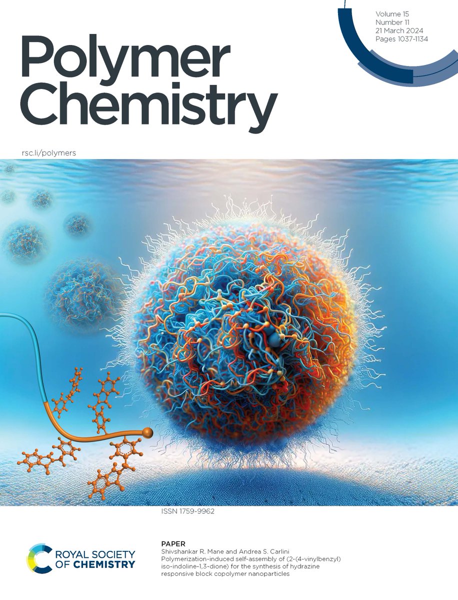 Check out our latest front cover, Polymerization-induced self-assembly of (2-(4-vinylbenzyl)iso-indoline-1,3-dione) for the synthesis of hydrazine responsive block copolymer nanoparticles, led by Shivshankar R. Mane & and Andrea S. Carlini. doi.org/10.1039/D4PY00…