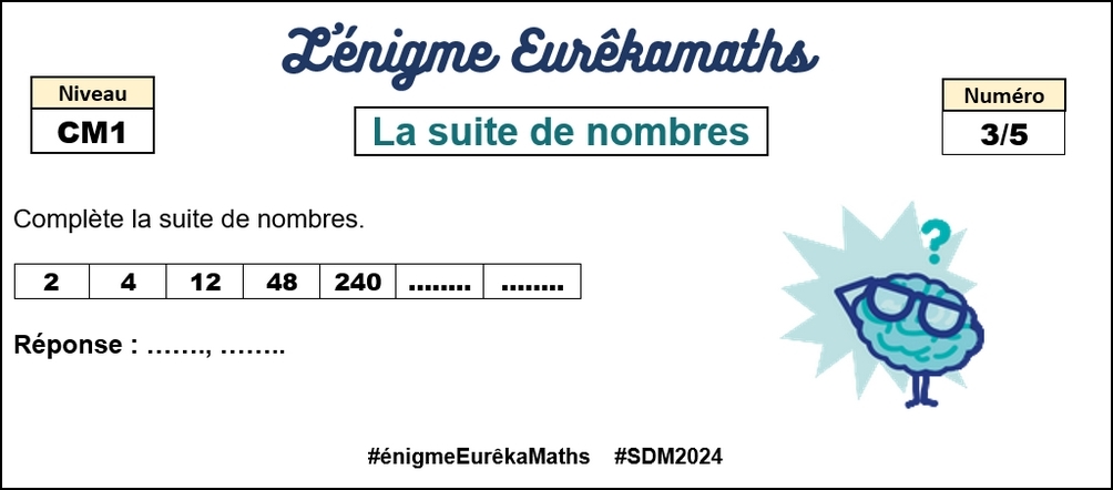 Pour la #SDM2024, l'#énigmeEurêkaMaths revient chaque jour pour les élèves de #CM1.
Aujourd'hui, l'#énigme n°3 de lundi : Suite de nombres.
Avec <a href="/DefiEurekaMaths/">EurêkaMaths</a>, on s'entraide et on réussit.
<a href="/mathsenvie/">M@ths en-vie</a> <a href="/classeTICE/">Christophe GILGER</a> 
<a href="/eduscol_prim/">éduscol Primàbord</a> @aefe_zao <a href="/Apmep_Nat/">APMEP Nationale</a> <a href="/MathsLemoine/">MathsLemoine</a> <a href="/MathsMichau/">MathsMichau</a>