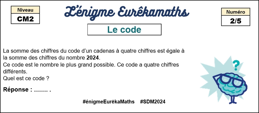 Pour la #SDM2024, l'#énigmeEurêkaMaths revient chaque jour pour les élèves de #CM2.
Aujourd'hui, l'#énigme n°2 du vendredi : Le code.
Avec <a href="/DefiEurekaMaths/">EurêkaMaths</a>, on s'entraide et on réussit.
<a href="/mathsenvie/">M@ths en-vie</a> <a href="/classeTICE/">Christophe GILGER</a> <a href="/eduscol_prim/">éduscol Primàbord</a> @aefe_zao
<a href="/Apmep_Nat/">APMEP Nationale</a> <a href="/MathsLemoine/">MathsLemoine</a> <a href="/MathsMichau/">MathsMichau</a>