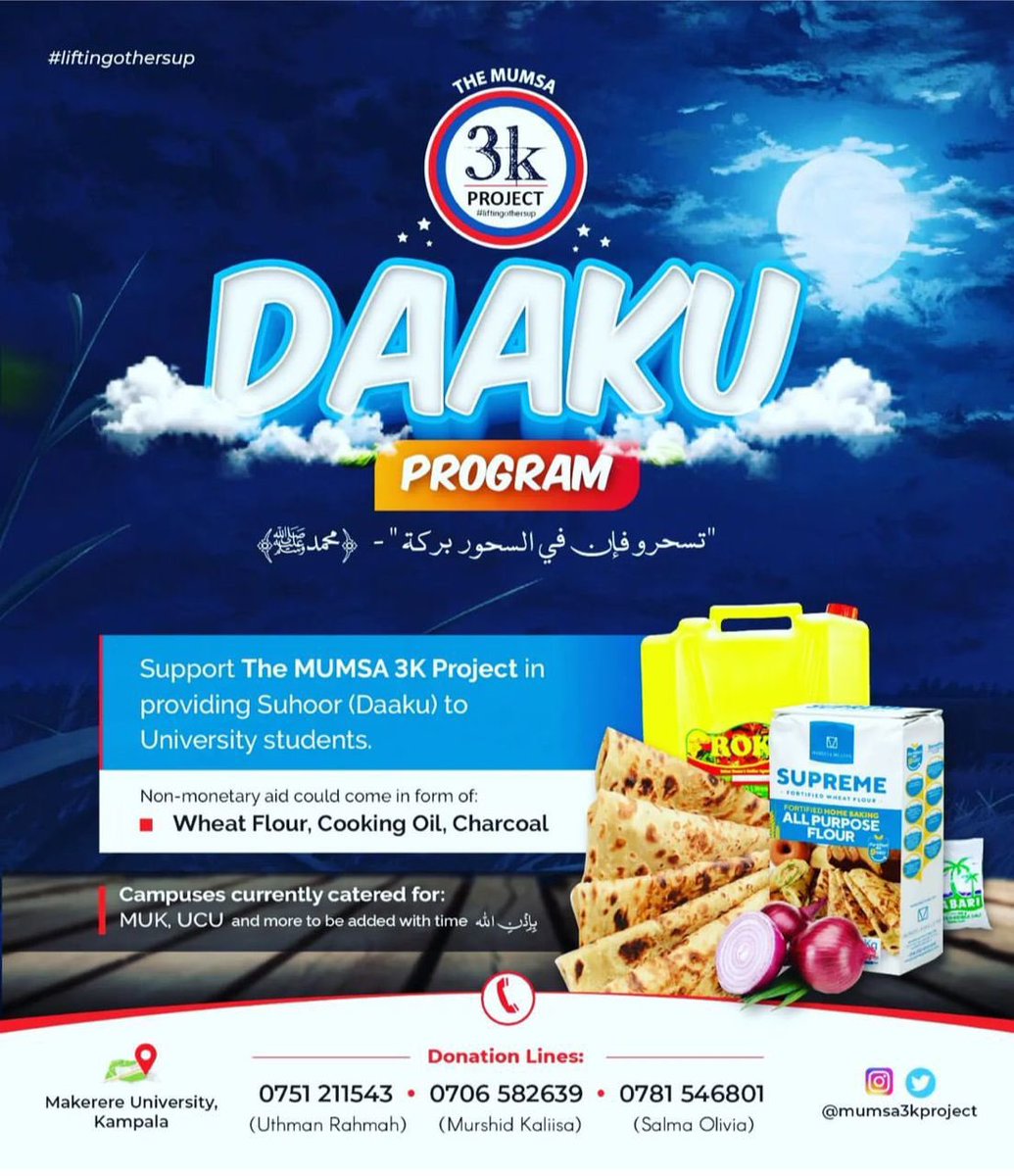 3kMumsa's tweet photo. 🍱🌮🥘
*THE MUMSA 3K PROJECT 2024 DAAKU CALL.*
*PLEASE HELP DONATE SO AS MUSLIMS CAN HAVE WHAT TO EAT THROUGHOUT THE MONTH OF RAMADAN &amp; BE ABLE TO FAST*

Contribute via:
0706582639   -Murshid Kaliisa
0751211543  - Uthman Rahmah
0781546801 - Salma Olivia https://t.co/4J1RoitLmy