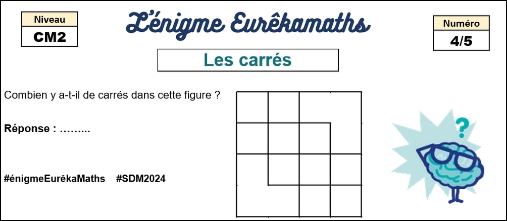 Pour la #SDM2024, l'#énigmeEurêkaMaths revient chaque jour pour les élèves de #CM2.
Aujourd'hui, l'#énigme n°4 de mardi : Les carrés.
Avec <a href="/DefiEurekaMaths/">EurêkaMaths</a>, on s'entraide et on réussit.
<a href="/mathsenvie/">M@ths en-vie</a> <a href="/classeTICE/">Christophe GILGER</a> <a href="/eduscol_prim/">éduscol Primàbord</a>
@aefe_zao <a href="/Apmep_Nat/">APMEP Nationale</a>
<a href="/MathsLemoine/">MathsLemoine</a> <a href="/MathsMichau/">MathsMichau</a>