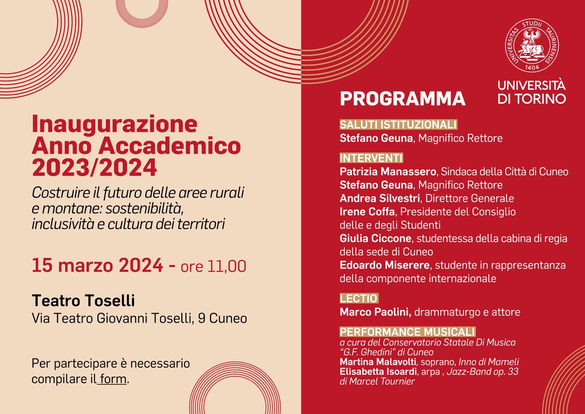 ConservatorioCN's tweet photo. [Collaborazioni tra Università]
”Costruire il futuro delle aree rurali e montane: sostenibilità, inclusività e cultura dei territori" è il tema della Cerimonia di Inaugurazione dell'Anno Accademico 2023/2024 dell'@unito di venerdì 15 marzo alle ore 11 al Teatro Toselli di Cuneo. https://t.co/UUDX7OpW6y