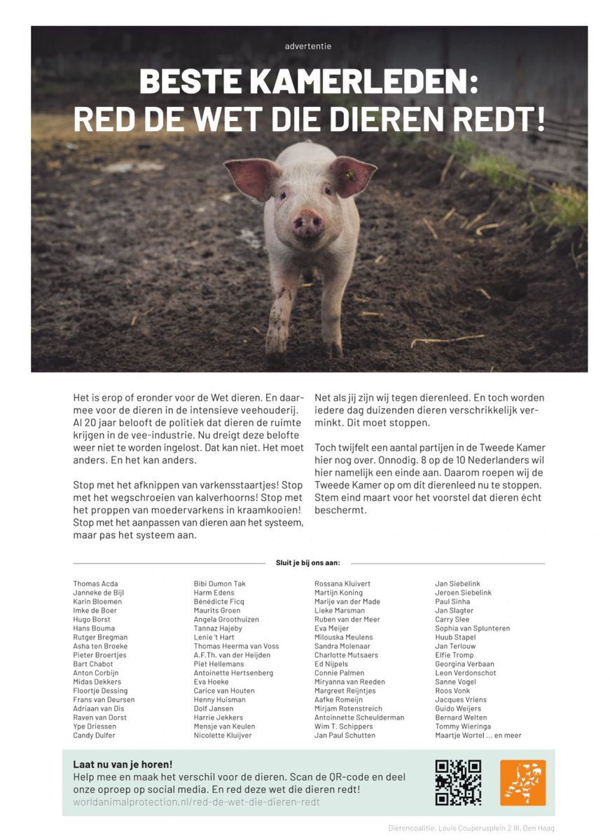 Heel fijn deze oproep in het AD vandaag! Al deze BN’ers staan pal achter de wettelijke bescherming van dieren in de veehouderij. Ruimte voor natuurlijk gedrag, geen varkensstaartjes afknippen, geen kalverhoorns wegschroeien en andere ellende, maar: red de wet die dieren redt! 💚