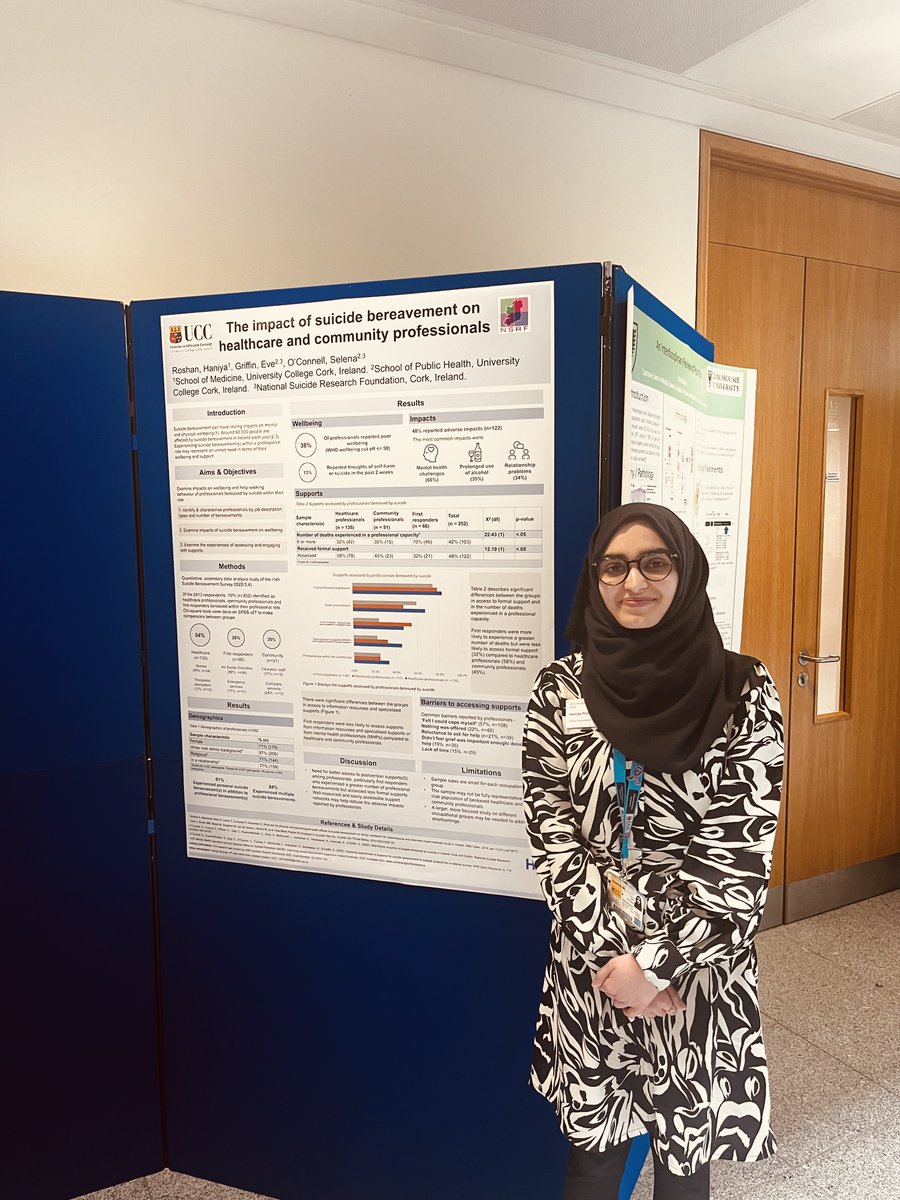 National Suicide Research Foundation (@nsrfireland) on Twitter photo Congratulations to <a href="/RoshanHaniya/">Haniya Roshan</a> on her poster award at the Medical Research & Technology Society's Student Research Conference!
Haniya presented on the 'Impact of Suicide Bereavement on healthcare & community professionals' using data from the Irish Suicide Bereavement Survey Congratulations to <a href="/RoshanHaniya/">Haniya Roshan</a> on her poster award at the Medical Research & Technology Society's Student Research Conference!
Haniya presented on the 'Impact of Suicide Bereavement on healthcare & community professionals' using data from the Irish Suicide Bereavement Survey