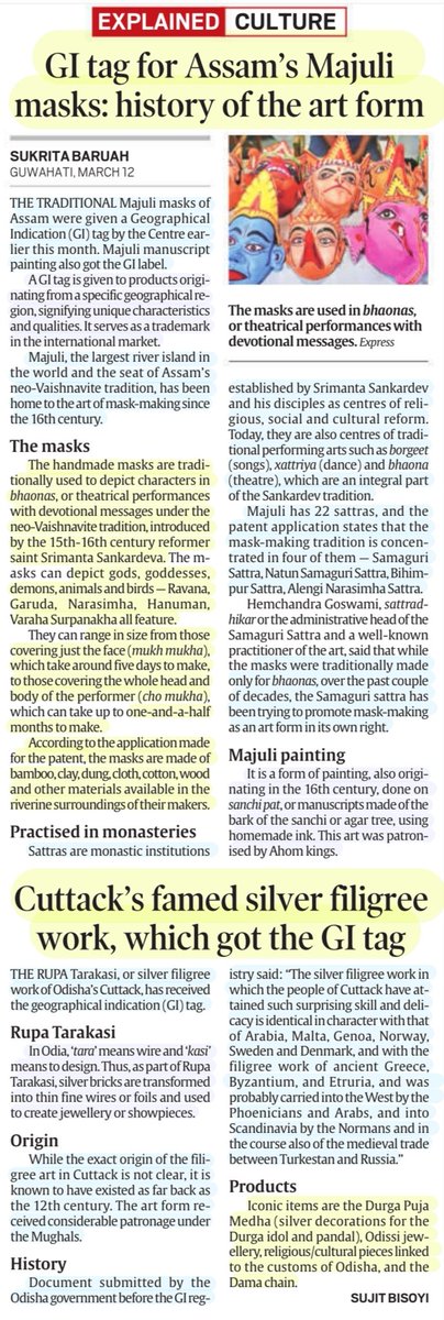 imRavikantYadav's tweet photo. #GeographicalIndication

*GI tags for Assam's Majuli Masks: History of the Art form

*Cuttack's Famed Silver Filigree work,which got the GI tag

:Details Ms Sukrita Baruah
@BaruahSukrita 

#GItag #Assam #MajuliMask #Cuttack #SilverFiligree
#culture #Art

#UPSC
GSpaper 1
Source:IE https://t.co/rvYOBtG696
