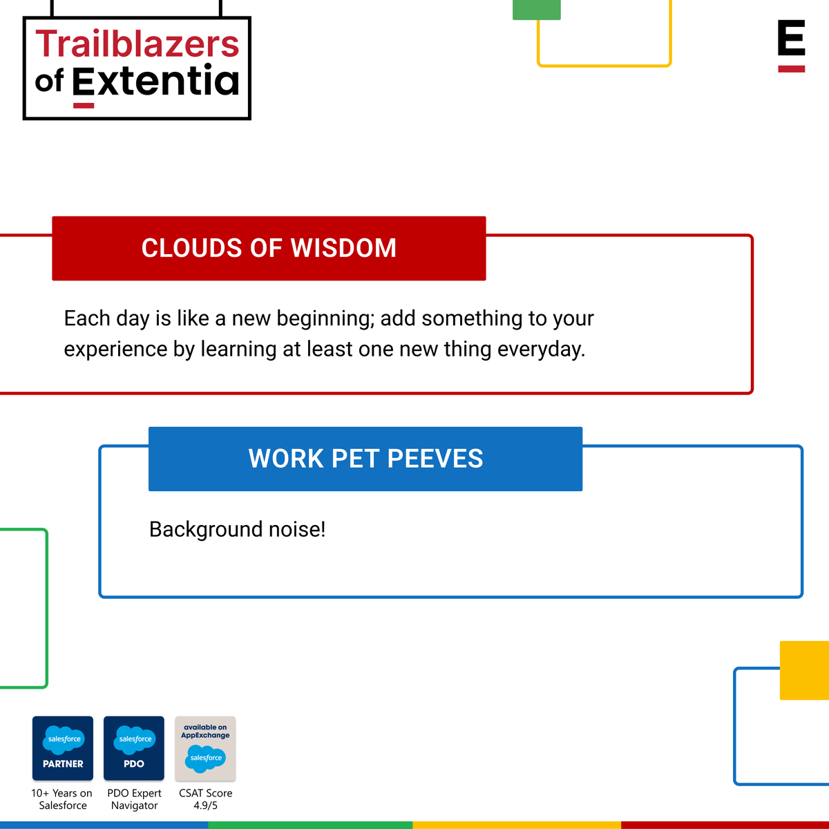 Extentia_Cloud's tweet photo. It's been half a decade of sharpening my technical skills, navigating #Salesforce clouds, and having lots of fun at #Extentia!
Tackling projects with diverse business challenges has deepened my understanding of different user perspectives, empowering me to take on responsibility. https://t.co/qqng4I9S9a