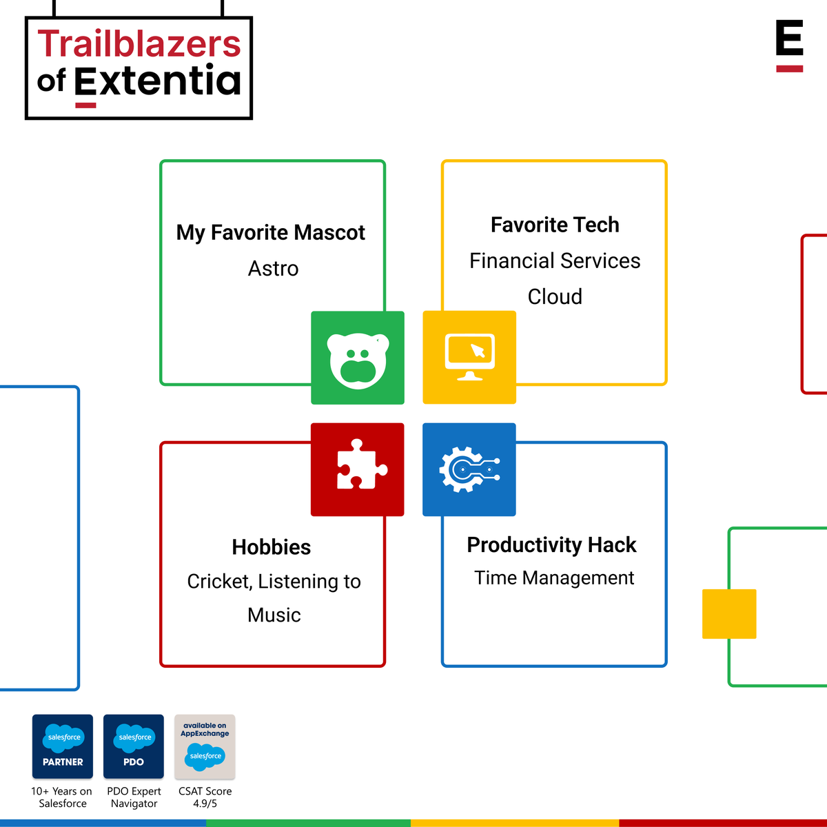 Extentia_Cloud's tweet photo. It's been half a decade of sharpening my technical skills, navigating #Salesforce clouds, and having lots of fun at #Extentia!
Tackling projects with diverse business challenges has deepened my understanding of different user perspectives, empowering me to take on responsibility. https://t.co/qqng4I9S9a