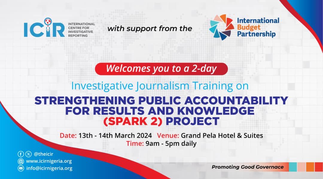 It is a great pleasure to invite you to our 2-day Investigative Journalism training of journalists on the Strengthening Public Accountability for Results and Knowledge Project #SPARK2

 @TheICIR with the support of @OpenBudgets

#SPARK2 #ICIRIBP #ICIRIBPSPARK2
