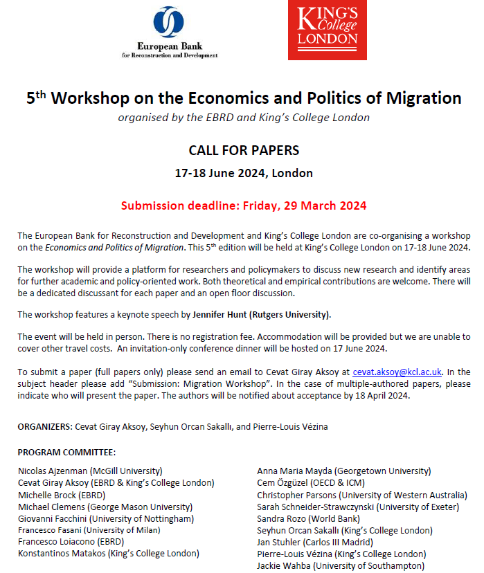 📢Call for papers! We are organising the 5th 𝗪𝗼𝗿𝗸𝘀𝗵𝗼𝗽 𝗼𝗻 𝘁𝗵𝗲 𝗘𝗰𝗼𝗻𝗼𝗺𝗶𝗰𝘀 𝗮𝗻𝗱 𝗣𝗼𝗹𝗶𝘁𝗶𝗰𝘀 𝗼𝗳 𝗠𝗶𝗴𝗿𝗮𝘁𝗶𝗼𝗻 on 17-18 June 2024, London | tinyurl.com/dd77ufhh Submit your papers before Friday, 29 March 2024