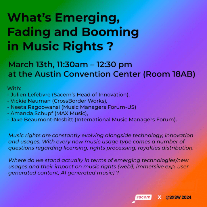 Only a few hours to go before 2 more fascinating panels at #SXSW2024, where we'll be sharing our expertise and knowledge of music and technology.💡 ▶ “#ArtistCentric: A New Era For Music #Streaming Payments” ▶ “What’s Emerging, Fading and Booming in Music Rights?” #Innovation