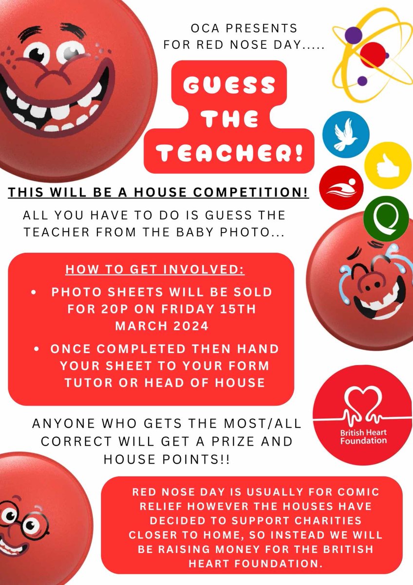 For Red Nose Day this Friday, OCA Houses will be hosting a 'Guess the Teacher Competition.' Usually Red Nose Day proceeds go to Comic Relief however this year, the houses have decided to support The British Heart Foundation in memory of Tom. #TeamOCA #Britishheartfoundation #Tom