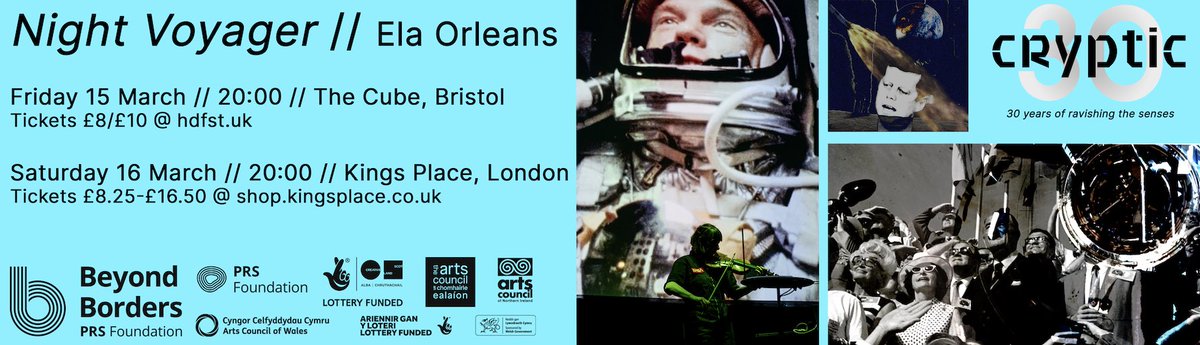 Thrilled that ⁦@elaorleans⁩ is getting to perform her wonderful Night Voyager project again this week in Bristol ⁦@CUBECINEMA⁩ (thank you ⁦@birdtwitchr⁩ ) & London ⁦@KingsPlace⁩ - massive thanks to ⁦@PRSFoundation⁩ #BeyondBorders - don’t miss it!