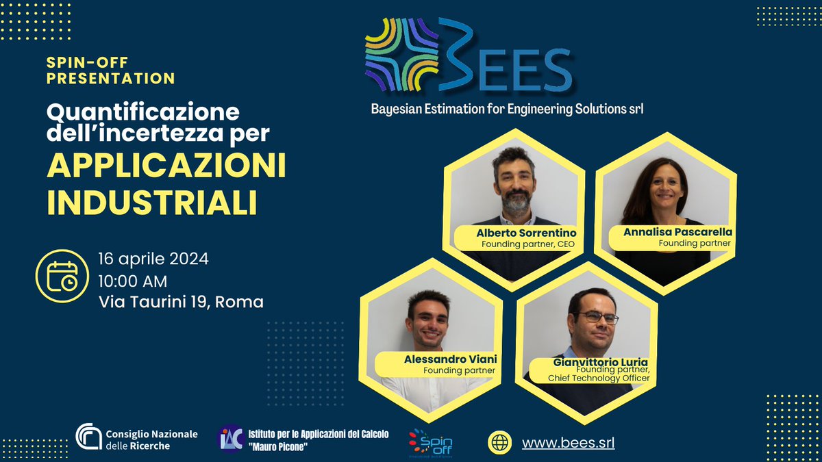 #16aprile #cnr_iac Roma, la presentazione di @BEES_srl, nuovo spin-off del @CNRsocial_ e dell' @UniGenova. #algoritmi Baysiani, con impatto in ambito industriale. Tra i fondatori, @AnnalisaPascar1, ricercatrice #cnr_iac e @al_neuro. 📷Info e programma su iac.cnr.it/presentazione-…