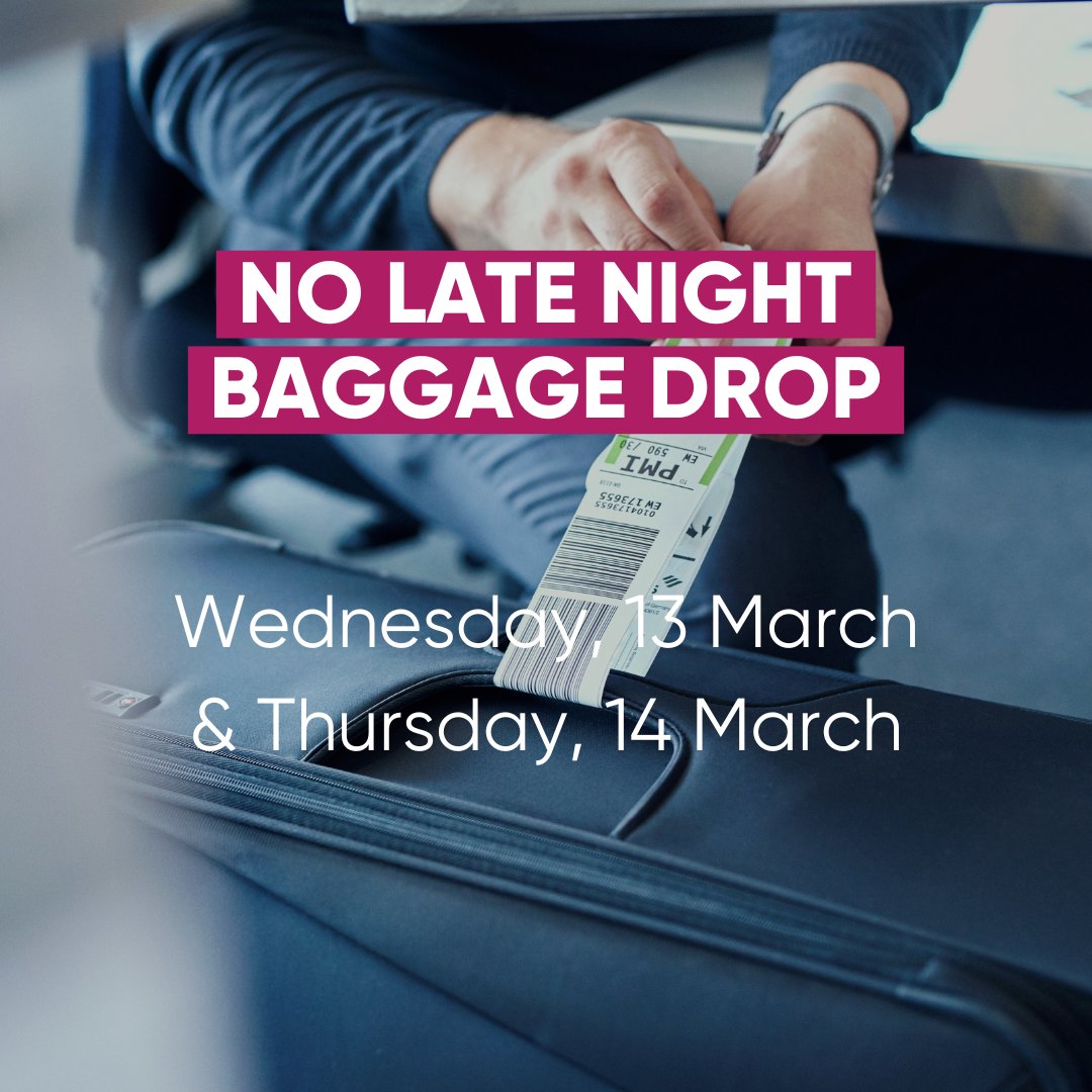 Due to the strike action by ver.di, there will be no Late Night Baggage Drop at Berlin, Hamburg, Stuttgart and Cologne airports today and tomorrow for flights on the following day.