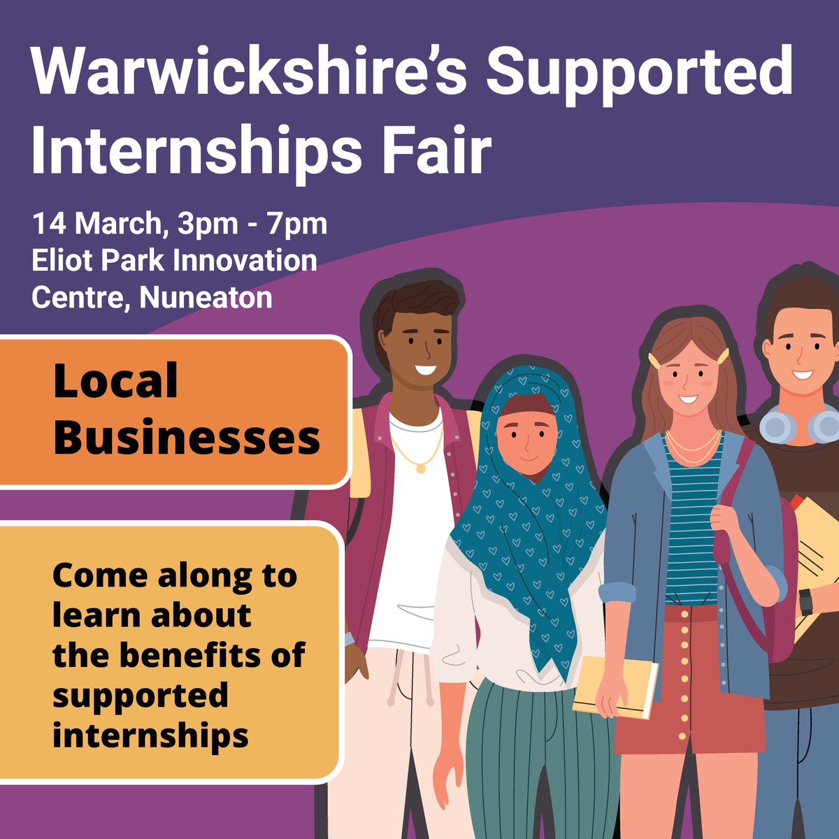 Come and see us at Warwickshire’s Supported Internships Fair on Thu 14 March, 3-7pm, at Eliot Park Innovation Centre! Find out about Supported Internships and how hosting a Supported Intern could benefit your business!

#SupportedInternships #BestWarwickshire