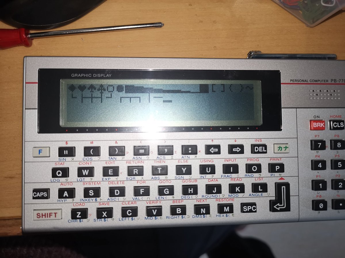 swartz_de's tweet photo. It turns out there is another benefit to exposing the missing Kana key on the PB-770 other than being able to access Kana symbols. Using SHIFT, you can also access the graphical characters you would need to use CHR$ for on the European model. #ポケコン #CASIO #PB770 https://t.co/3Va1kN3H5U