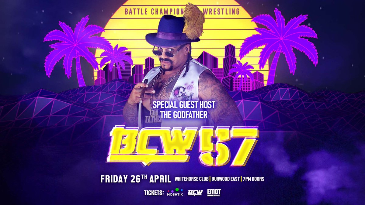 ***BCW 57 ANNOUNCEMENT*** On Friday 26 April 2024, THE GODFATHER hosts the Battle Kingdom, but is it time, once again, for everybody to come aboard ‘The Ho Train!’? Book here moshtix.com.au/v2/event/battl… ...and here: moshtix.com.au/v2/event/pimpi… #battlechampionshipwrestling