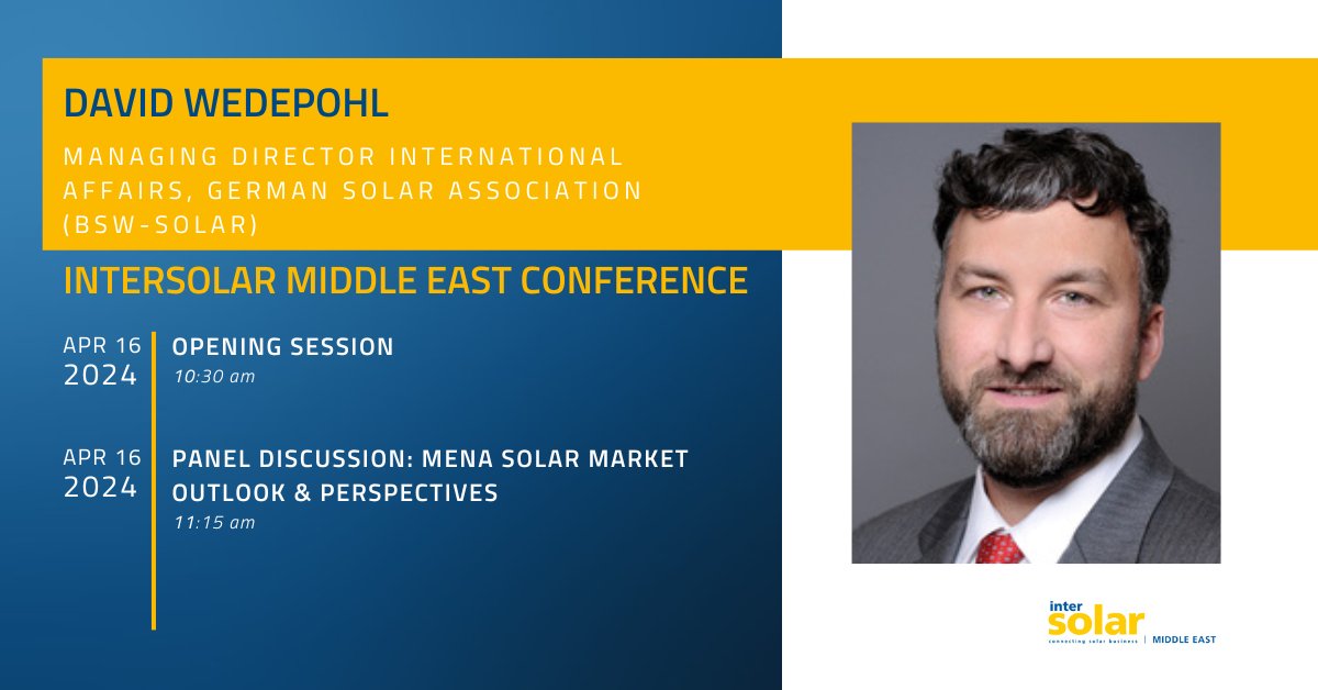 Our Managing Director International Affairs David Wedepohl will be speaking at the @Intersolar Middle East Conference in Dubai on 16 April. Here you can find the programme of the event: bsw.li/3PjxER0