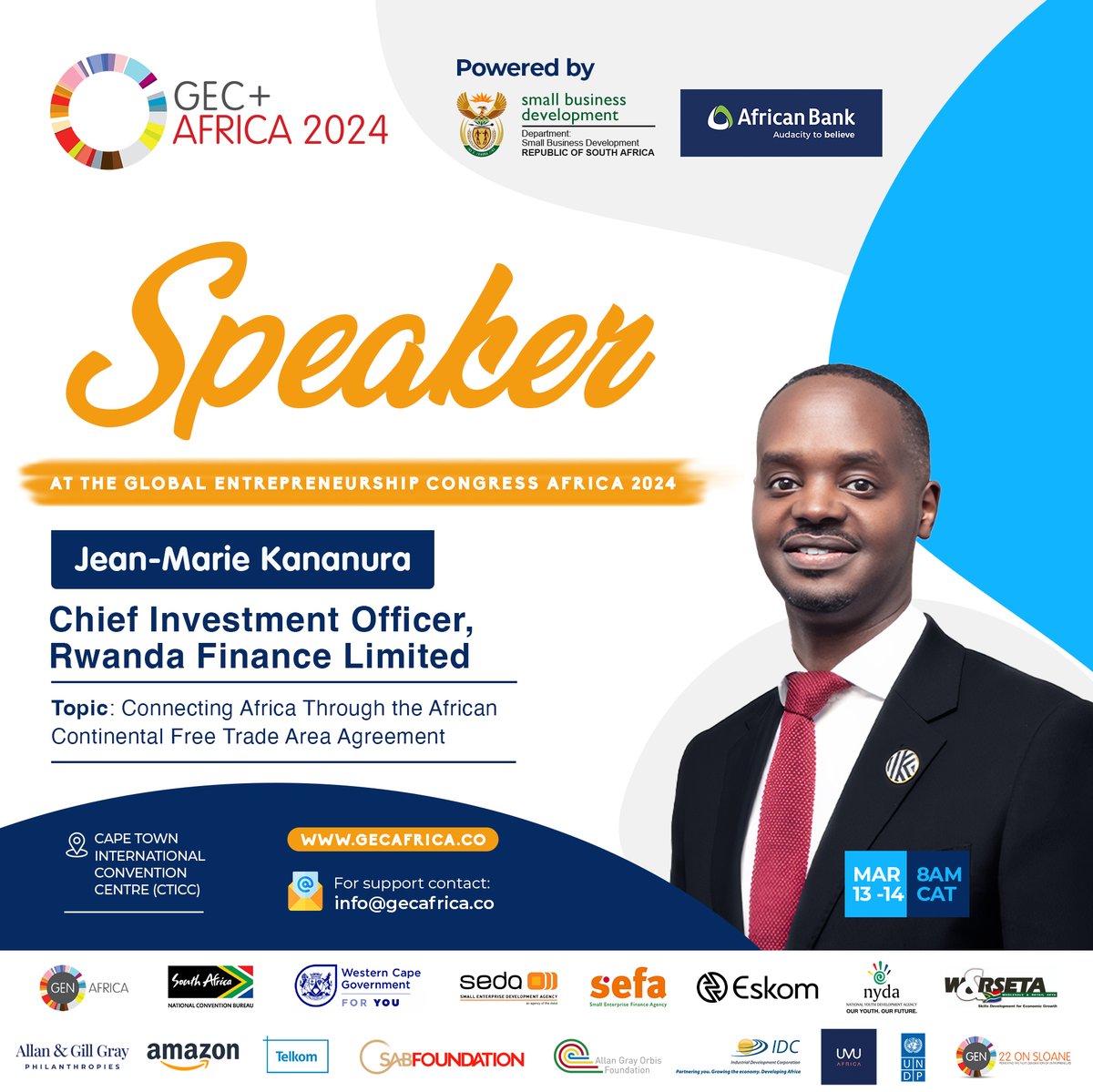 Our Chief Investment Officer @JKananura will participate in a panel discussion themed 'Connecting Africa through the African Continental Free Trade Area Agreement' at the Global Entrepreneurship Congress Africa happening on March 13-14, 2024, in South Africa. #GECAfrica2024