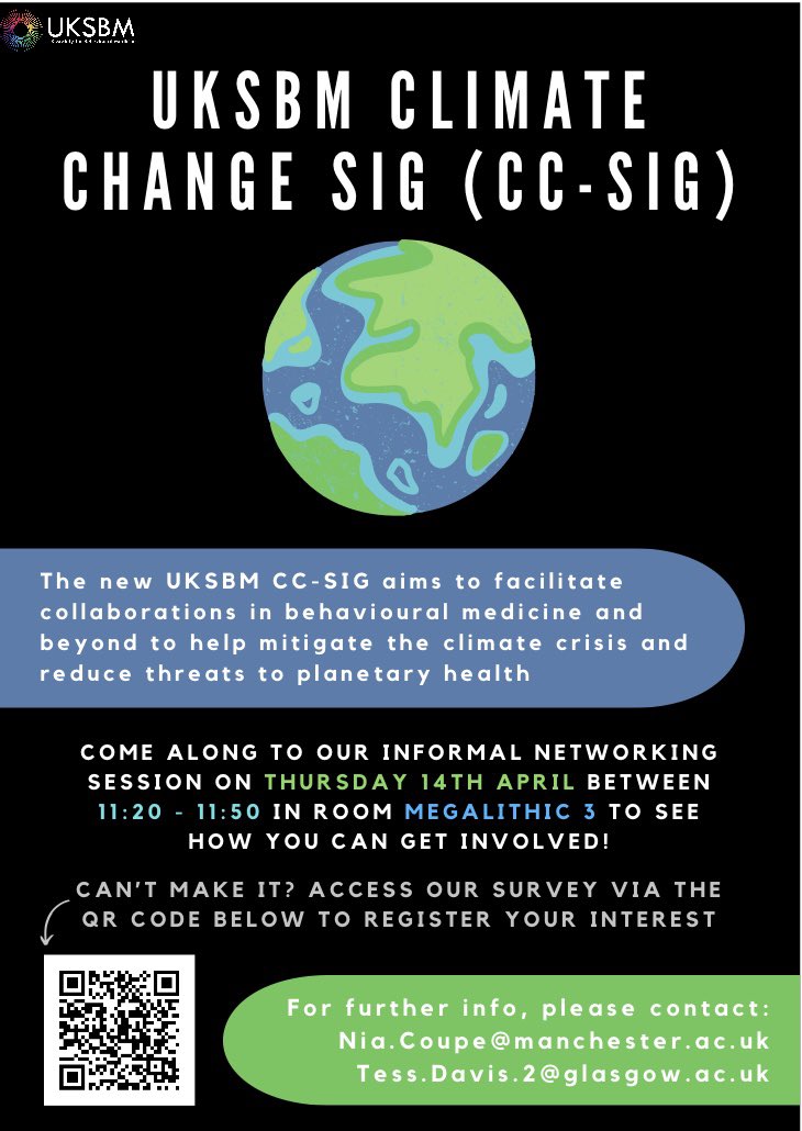 Dr Tess Davis (she/her) (@tessdavispsy) on Twitter photo Looking forward to the first day of #UKSBM2024!
Join <a href="/NWCoupe/">Dr Nia Coupe</a> and I at 11:20 - 11:50 tomorrow (Thursday 14th **March**) in Megalithic 3 for an informal networking session for the new UKSBM Climate Change Special Interest Group 🌍
Hope to see you there 👋🏻
#UKSBM Looking forward to the first day of #UKSBM2024!
Join <a href="/NWCoupe/">Dr Nia Coupe</a> and I at 11:20 - 11:50 tomorrow (Thursday 14th **March**) in Megalithic 3 for an informal networking session for the new UKSBM Climate Change Special Interest Group 🌍
Hope to see you there 👋🏻
#UKSBM
