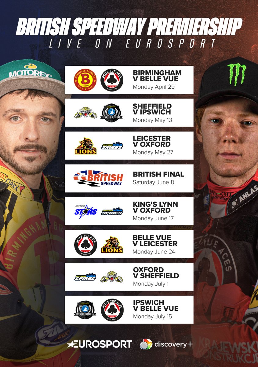 📺📣 Premiership Speedway will return to @Eurosport and @discoveryplusUK on Monday April 29 with newcomers Birmingham hosting the first live fixture of the season 🎬 🇬🇧 #2024BritishFinal live on June 8! 📲 Full story 👉 bit.ly/TVpicks1