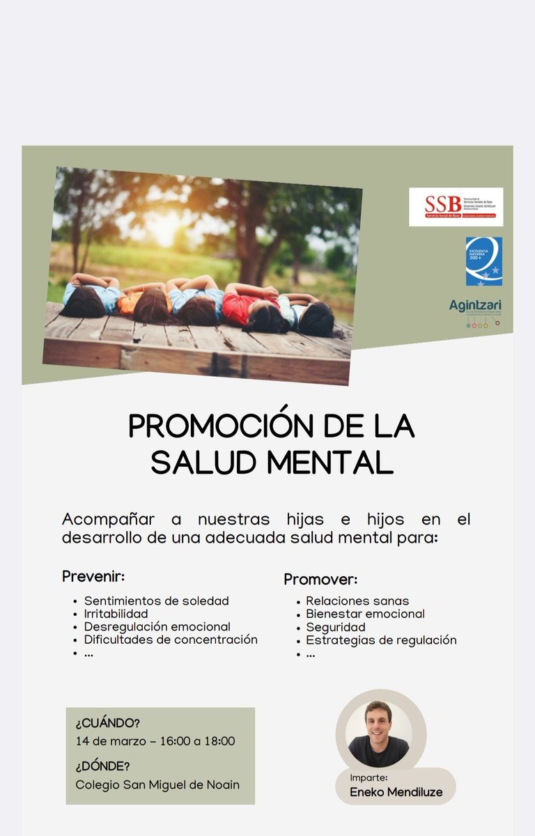 📢📢 RECORDAMOS 📢📢

4° Píldora formativa 'Promoción de la salud mental'. Te esperamos!!

🗓️14 marzo (jueves)
🕝 16:00-18:00 
🏫 Colegio público Noáin