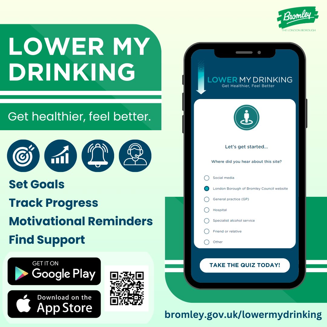 Try the free Lower My Drinking app and quiz today to change how you think about your own relationship with alcohol, and to have access to the tools you need to reduce your drinking wherever you go. Learn more: bromley.gov.uk/lowermydrinking