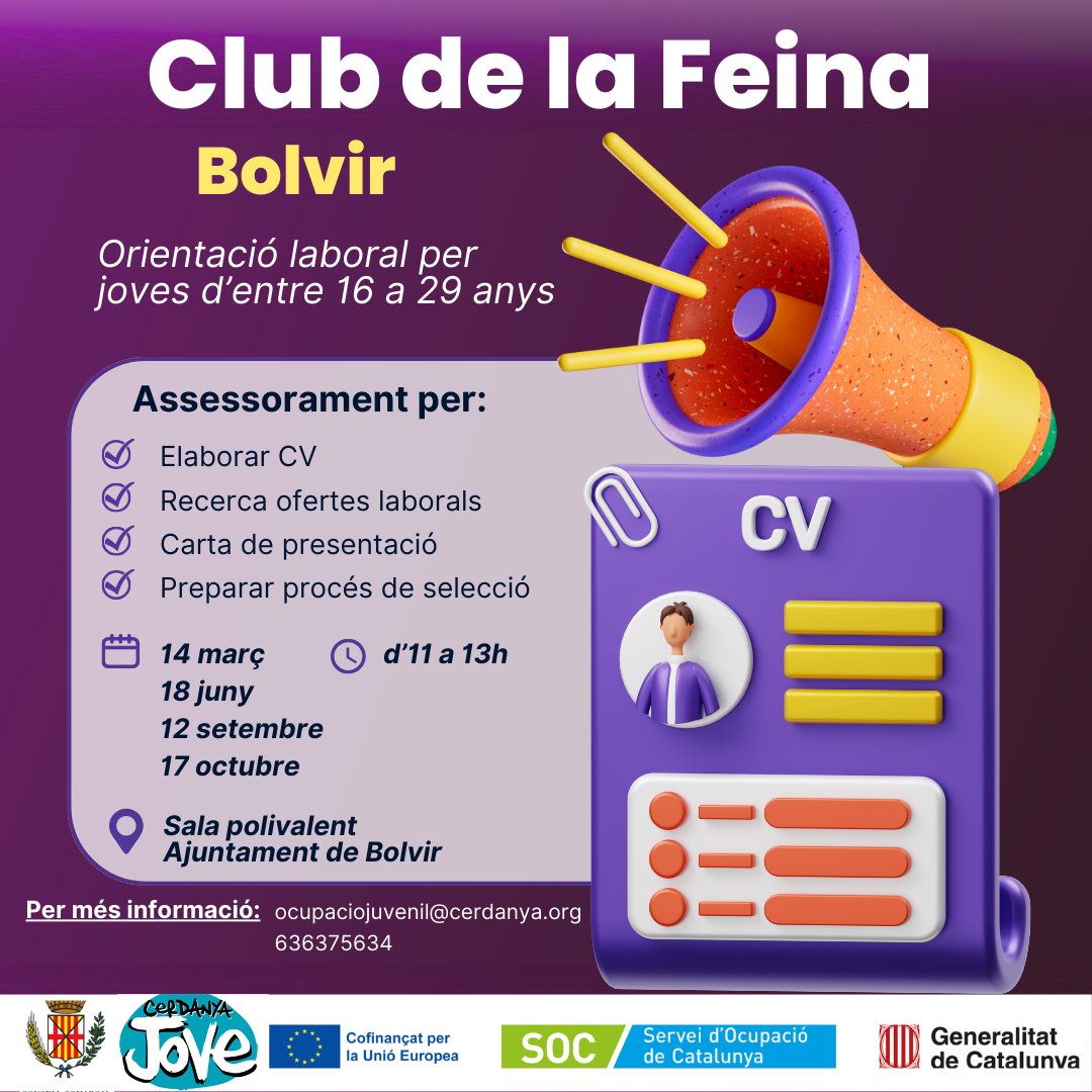 📢 Demà 14 de març realitzem la 1a sessió del Club de la Feina a Bolvir. Oferim orientació laboral a joves d'entre 16 i 29 anys amb sessions individuals i SENSE CITA PRÈVIA. T'esperem d'11 h a 13 h a la Sala Polivalent de l'Ajuntament de Bolvir. #suportocupaciojuvenilcerdanya