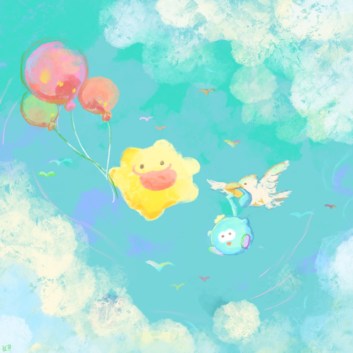 616161night's tweet photo. 我們去看那朵雲後面有什麼☁️🎈

美食家-大舌貓
音樂精靈-叭嗶噗

#微妙拍檔 #SubtleLittleFellows 
#イラスト  #illustration  #Relax #癒す #sky #天空 https://t.co/mQG9gQ5wf7