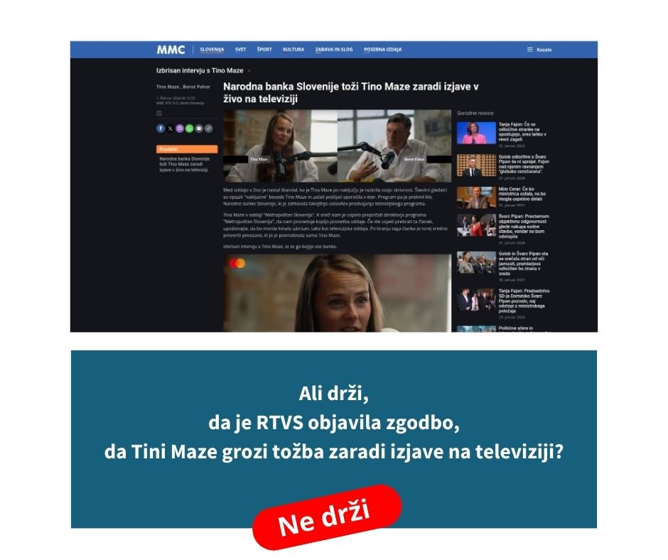 STAkrog's tweet image. 𝗡𝗲/𝗝𝗮 𝗽𝗿𝗲𝘃𝗲𝗿𝗷𝗮: Ali drži, da je @rtvslo objavila zgodbo, da Tini Maze grozi tožba zaradi izjave na televiziji? 🔗 neja.sta.si/2770 

#NeJa #factcheck #preverjanjedejstev