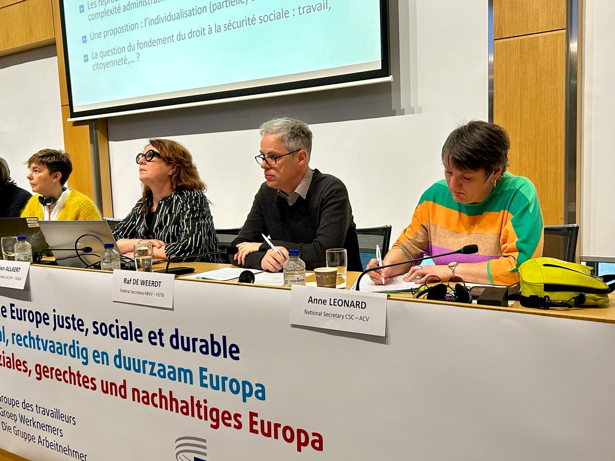 WorkersEESC's tweet photo. We are starting the day with a discussion on 'Social Security and the role of social partners,' moderated by Anne Léonard, National Secretary of @La_CSC, Raf De Weerdt, Federal Secretary @vakbondABVV - @syndicatFGTB and @AllaertKa, National Secretary of @CGSLB - @ACLVB. https://t.co/5WtGnYlXaN