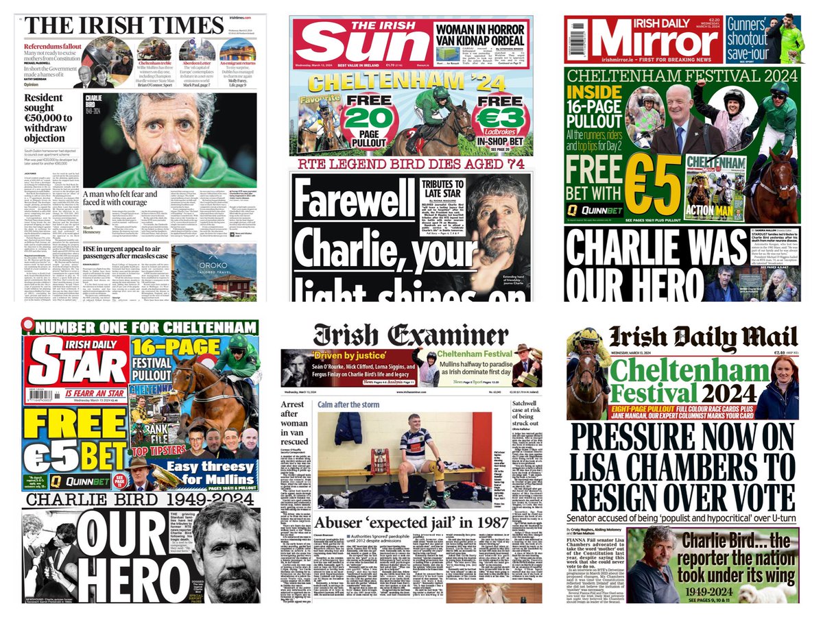 This morning’s front pages leading with the death of RTE journalist #CharlieBird
