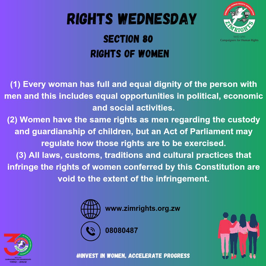 Today on #RightsWednesday we reflect on Section 80: Rights of women. Section 80 recognizes that every woman has the right to full and equal dignity alongside men. This fundamental principle underscores the intrinsic worth of women in Zimbabwean society. Political Participation:…