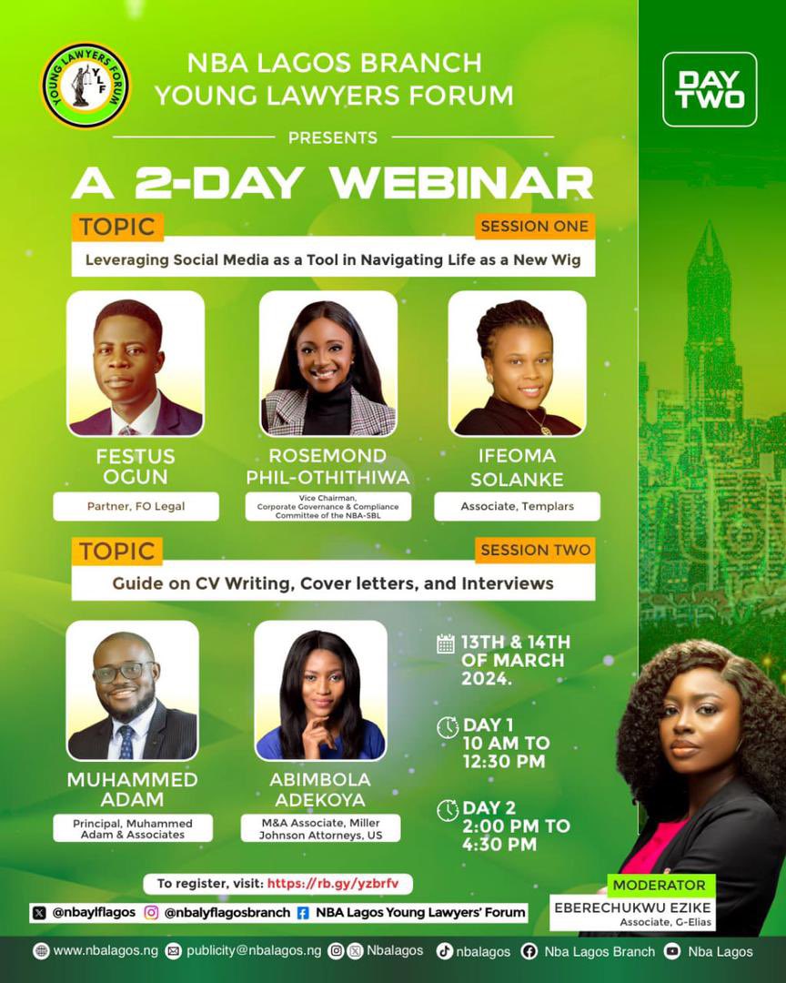 Our Managing Partner, Festus Ogun @mrfestusogun, will be a virtual panelist at the @NbaLagos Young Lawyers Forum Webinar tomorrow, March 14th.

He will discuss the topic 'Leveraging Social Media as a Tool in Navigating Life as a New Wig.'

Check the flyer for more detalls.