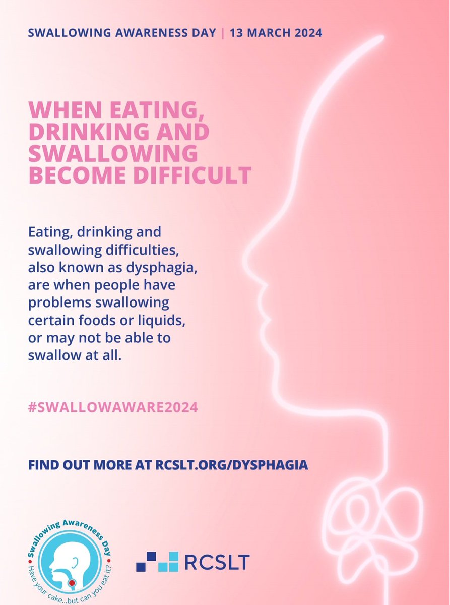 SLTAcen's tweet photo. Today is Swallowing Awareness Day. 
Eating, drinking and swallowing difficulties, also known as dysphagia, can affect a person's quality of life and lead to other complications. Speech therapy plays a key role in this area.
Are you doing anything in your setting today? https://t.co/bhNypkOu4W