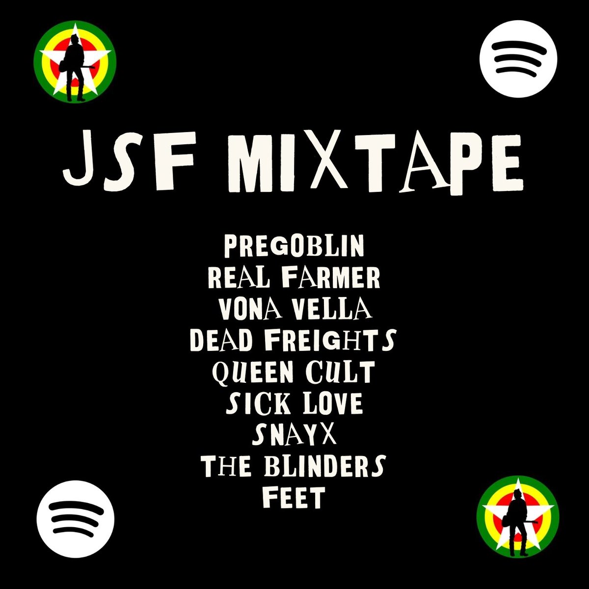 Some big new belters added to our JSF MIXTAPE ⚡️ go stream via 👉🏼 open.spotify.com/playlist/7FbSW… ‼️ ➕ @PREGOBLINTV @vona_vella @queencultband @dead_freights @wearesicklove @SNAYX_UK @theblinders @feetband 🔋 #NewMusic #Playlist #JSF #Community