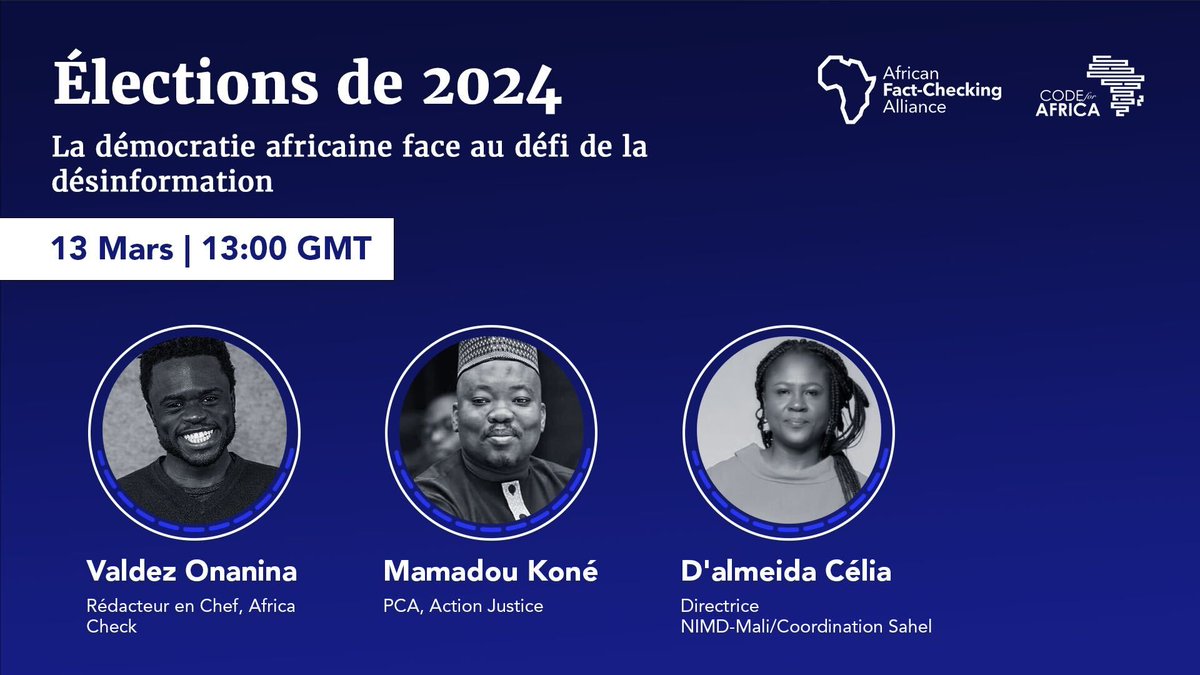 Code4Africa's tweet image. 🗳️La désinformation pose un grand défi à l’Afrique à l’approche des élections de 2024.

Rejoignez cette discussion pour explorer ce monde, et celui des opérations d’influence étrangères et des 🤖 marionnettistes qui influencent les récits électoraux.

✍🏼 bit.ly/3wZXdjn