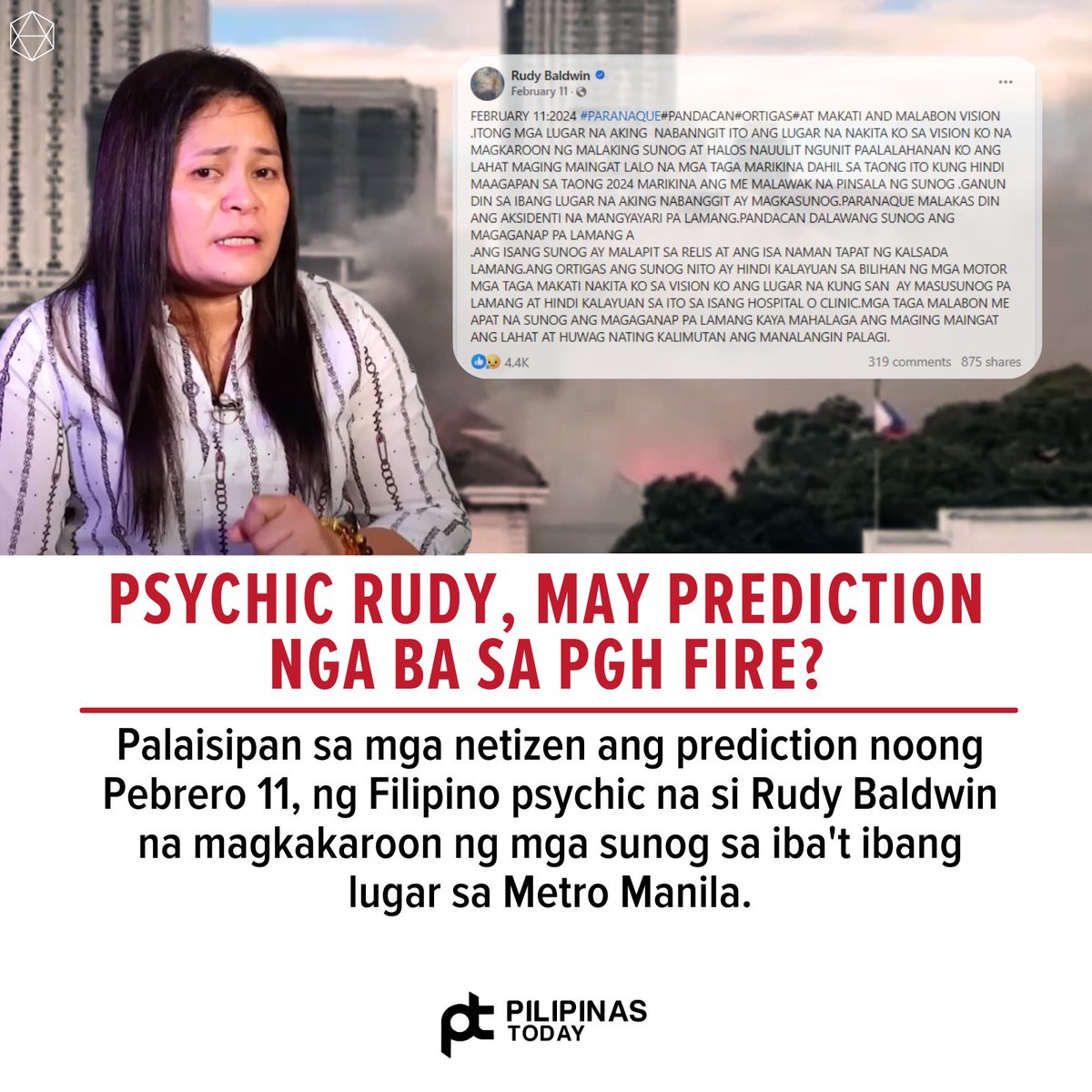 PilipinasToday_'s tweet image. Nagkaroon ng sunog sa Philippine General Hospital (PGH) sa Manila at inilikas ang mga pasyente matapos sumiklab ang sunog sa compound ngayong Miyerkules, Marso 13.

“February 11:2024 #Paranaque #Pandacan#Ortigas#at Makati and Malabon vision. Itong mga lugar na aking nabanngit ito