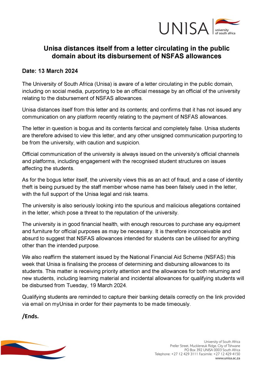 Unisa distances itself from a letter circulating in the public domain about its disbursement of NSFAS allowances. ow.ly/iTmf50QRWZK #Unisa150