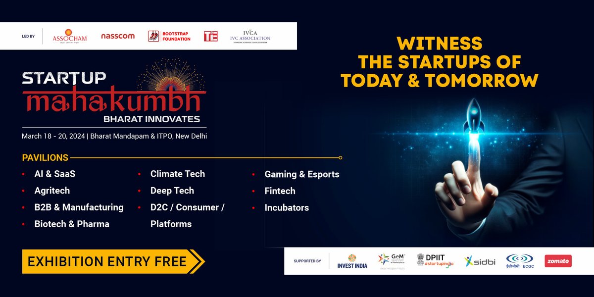 🔥Exciting news for innovators and industry leaders!

🗓️ 📍 @StartupMahakumb is setting the stage in New Delhi from March 18-20, 2024, at Bharat Mandapam and ITPO.

⚡ This premier event, co-hosted by ASSOCHAM, nasscom, Bootstrap Foundation, TiE, IVCA and supported by Invest…