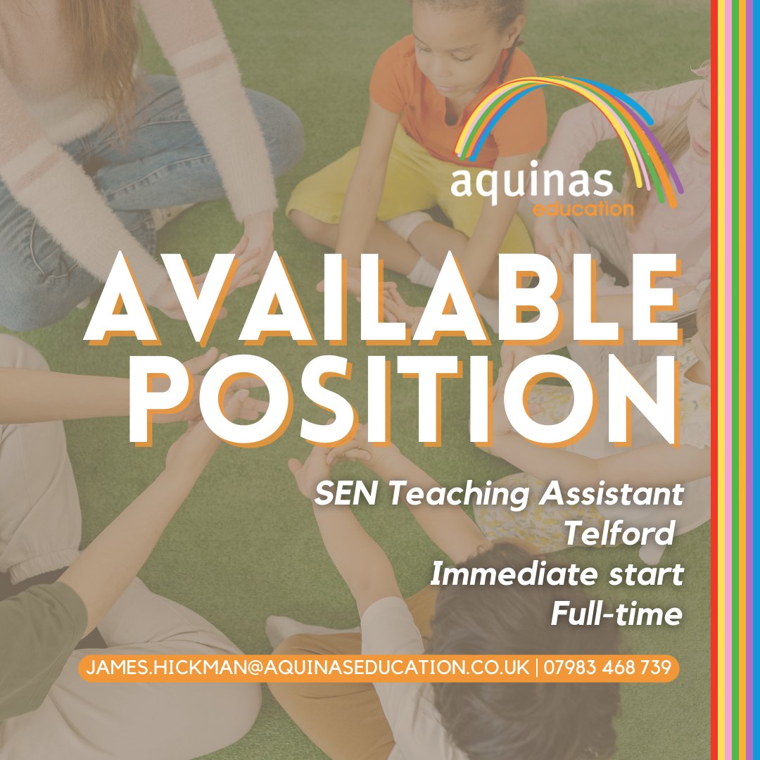 Available position 🌈 James in our Birmingham office is looking for an SEN Teaching Assistant to start immediately at a fantastic school in Telford. If you'd like to hear more about the role or to apply contact James. #teacherjobs #education #educationjobs #hiringteachers…