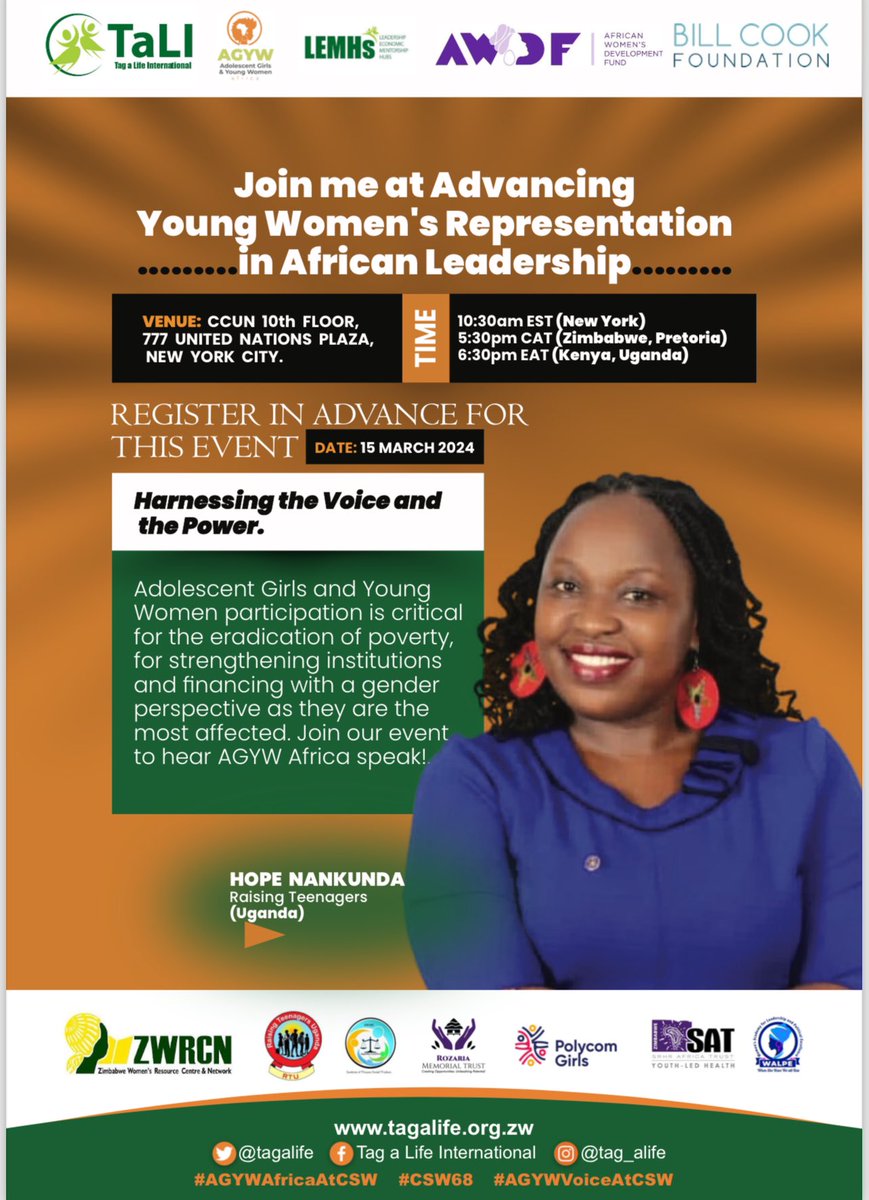 Are you present at the #CSW68 in New York!! Don’t miss this session where our very own @nankunda20 will be speaking about the importance of creating opportunities for young Women and Girls to meaningfully represent In African Leadership: @tagalife @awdf01 @EchidnaGiving @UN_CSW