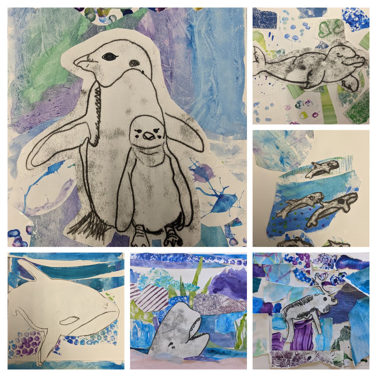 Our Art Club have been busy again this spring revisiting mono printing for an Atlantic animal of their choosing. The children experimented with different media and tools to create different images to make a collage background. Beautiful! 😍🐳