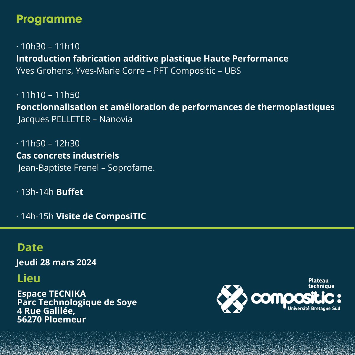 ✍️Inscrivez-vous aux séminaires Fabrication additive plastique haute performance organisés par les PFT SUNI de @ENSRennes et @compositic de @UBS_universite ➡️ RDV à Ploemeur le 28 mars pour la 1ère date ! INFOS : compositic.fr/seminaire-fabr…