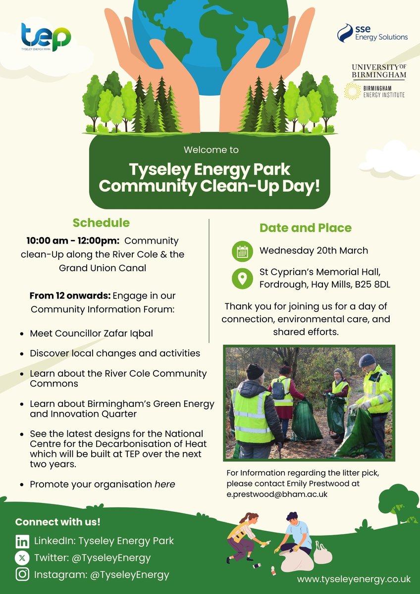 Tyseley Energy Park invites you to our Community Clean-Up Day! 🌿 Join us for a morning of community clean-up along the River Cole and Grand Union Canal on the 20th March from 10am to 12pm, followed by an engaging Community Information Forum.