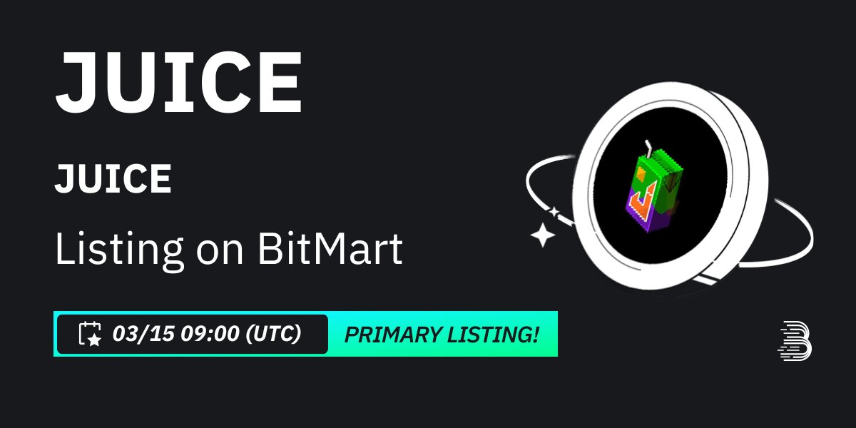 #BitMart is thrilled to announce the exclusive primary listing of JUICE (JUICE) <a href="/juicebotapp/">JUICE 🧃</a> 

💰Trading pair: $JUICE/USDT
💎Deposit: 3/13/2024 09:00 AM UTC
💎Trading: 3/15/2024 09:00 AM UTC

Learn more: support.bitmart.com/hc/en-us/artic…