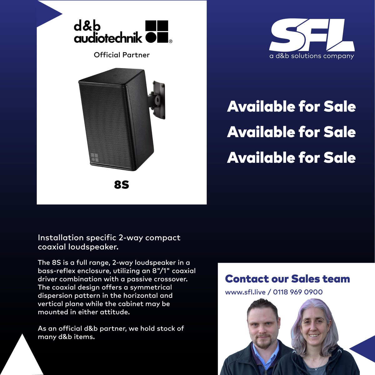 Available to Purchase - @dbaudiotechnik 8S Loudspeaker

The 8S is a full range, two-way loudspeaker in a bass-reflex enclosure, utilising an 8”/1” coaxial driver combination with a passive crossover.

Give our team a call on 0118 969 0900 or ping them an email info@sflgroup.co.uk