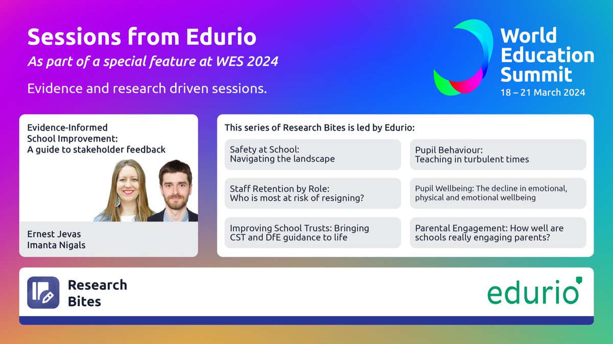 Excited to speak at <a href="/WorldEdSummit/">WES Legacy</a>!
@Ernest &amp; @Imanta discuss "Evidence-informed School Improvement" on Paradigm Shifters stage.
Catch our Research Bites:
Safety, behaviour, staff retention, wellbeing, trusts, engagement, &amp; diversity!
#WorldEdSummit