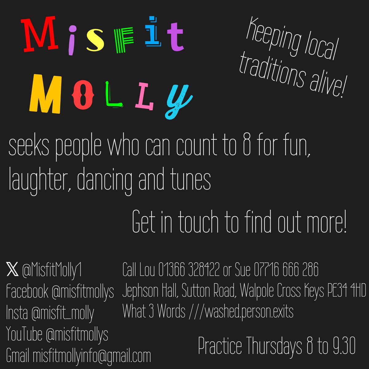 It's Wednesday today, so Misfits will be practicing tomorrow night. Come along to find out what you're missing 😀 #mollymalarkey